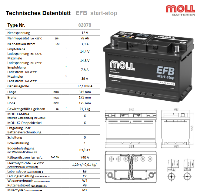 Moll Batterie EFB (Start Stop)82078 78Ah / 740A