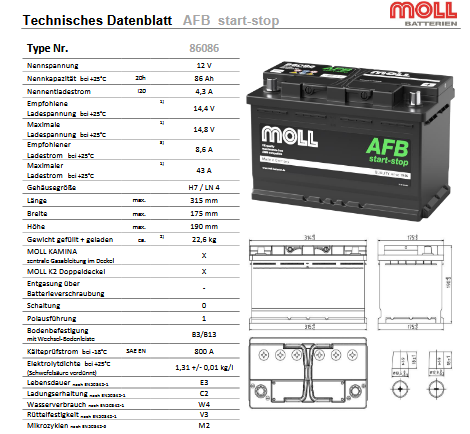 بطارية مول AFB (تشغيل/إيقاف) 86086، سعة 86 أمبير/ساعة / 800 أمبير