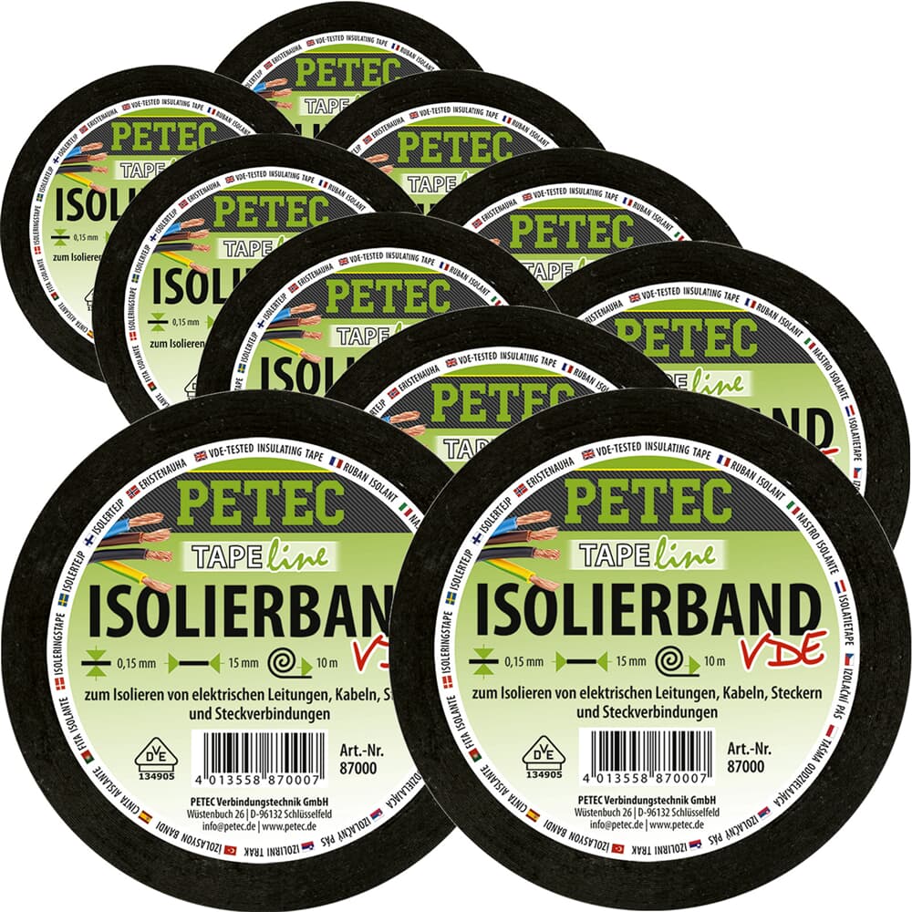 10x 10m PETEC ISOLIERBAND VDE ELEKTRIKER ISOBAND KABEL KLEBEBAND 15mm MULTI TAPE
