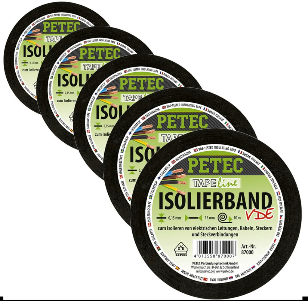 شريط عازل PETEC بطول 5 × 10 أمتار، شريط عازل كهربائي معتمد من VDE، شريط لاصق للكابلات، شريط متعدد الاستخدامات 15 مم