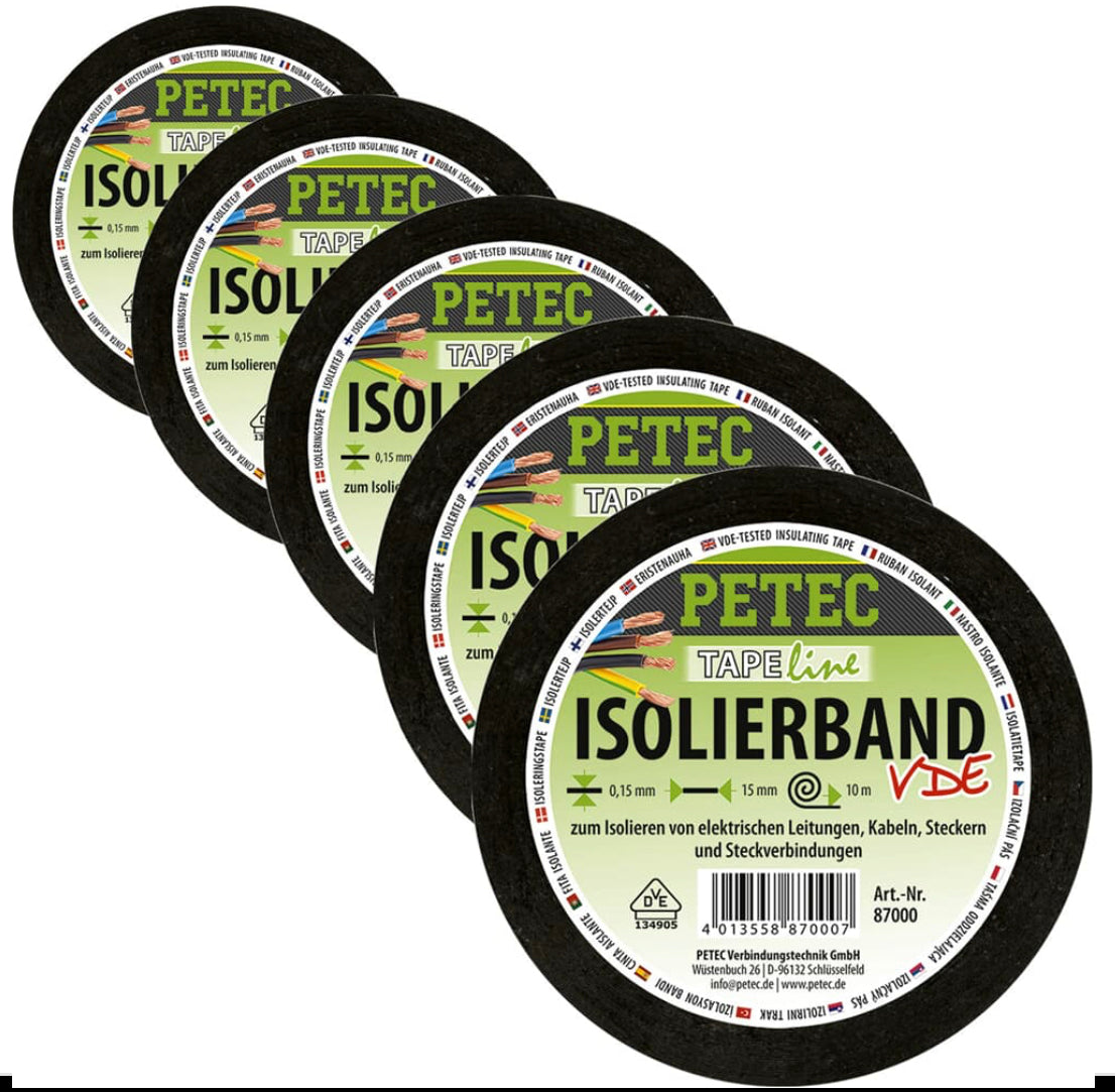 شريط عازل PETEC بطول 5 × 10 أمتار، شريط عازل كهربائي معتمد من VDE، شريط لاصق للكابلات، شريط متعدد الاستخدامات 15 مم